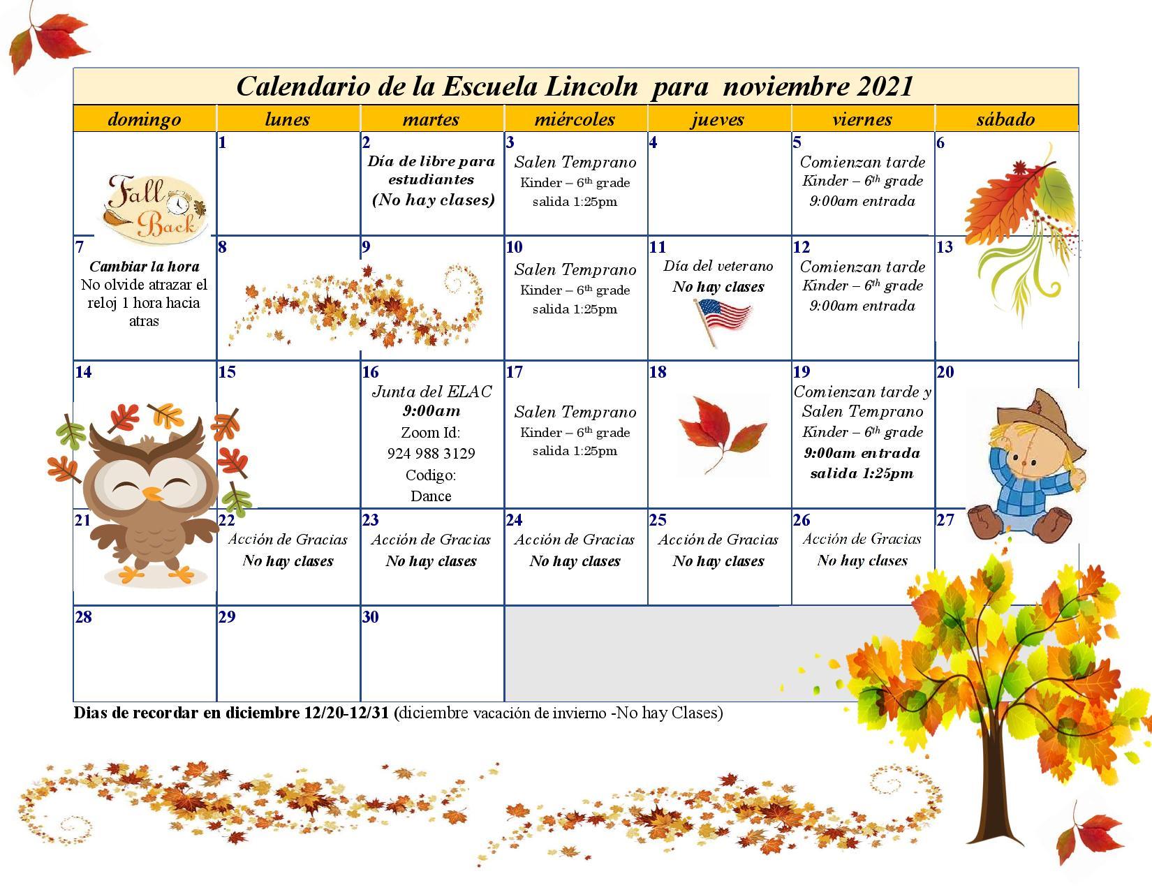 Lincoln Elementary: November School Calendar 
