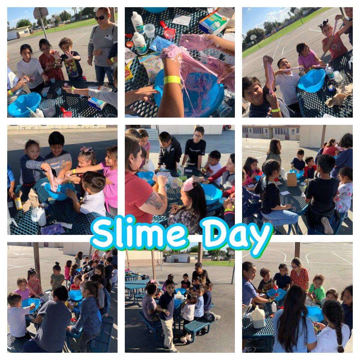 collage of nine images each depicting students from lincoln elementary making slime with their principal