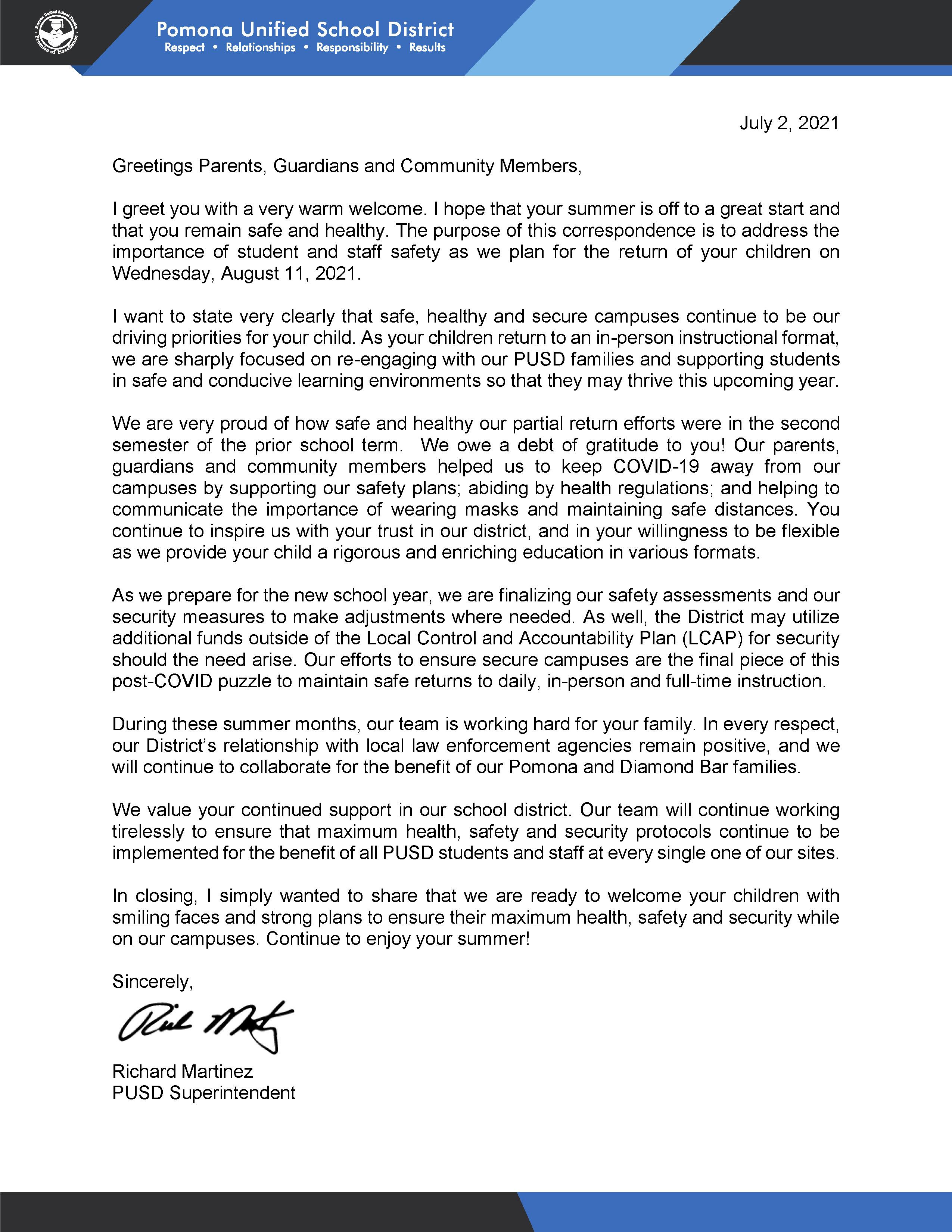 Superintendent Martinez Summer Letter to the Community