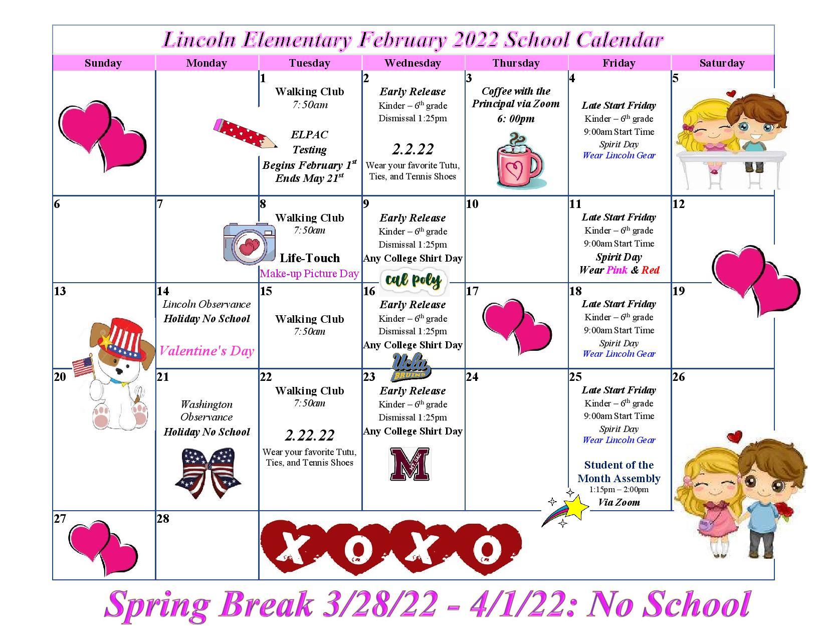 February School Calendar Lincoln Elementary School
