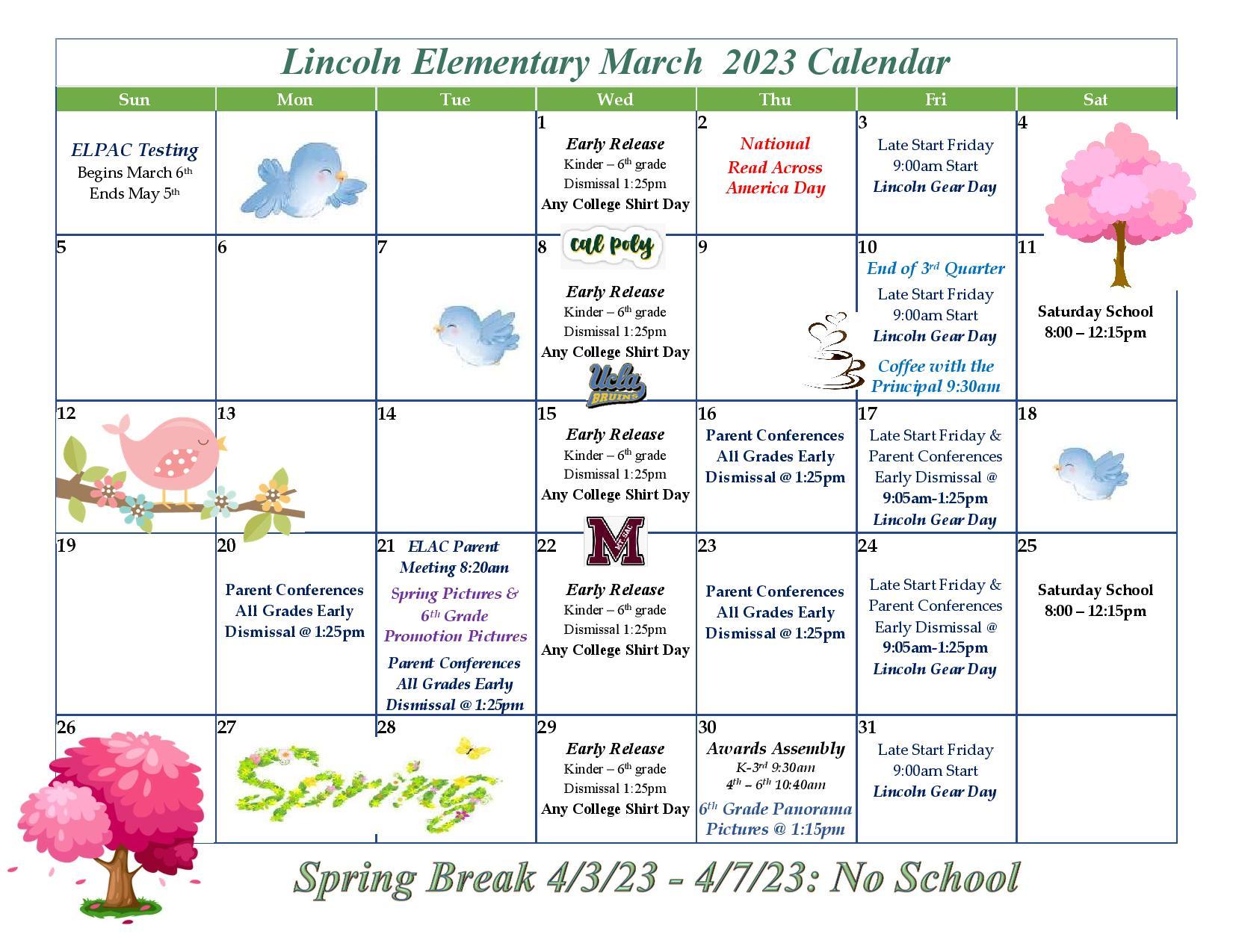 March School Calendar Lincoln Elementary School