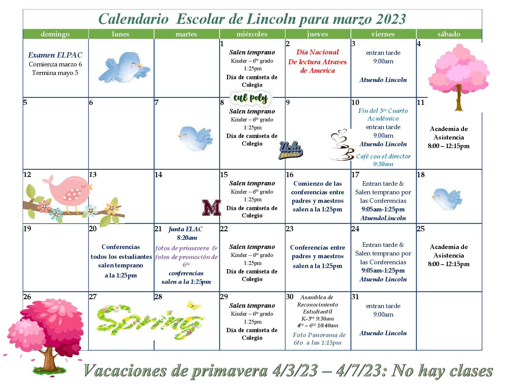 March School Calendar Lincoln Elementary School
