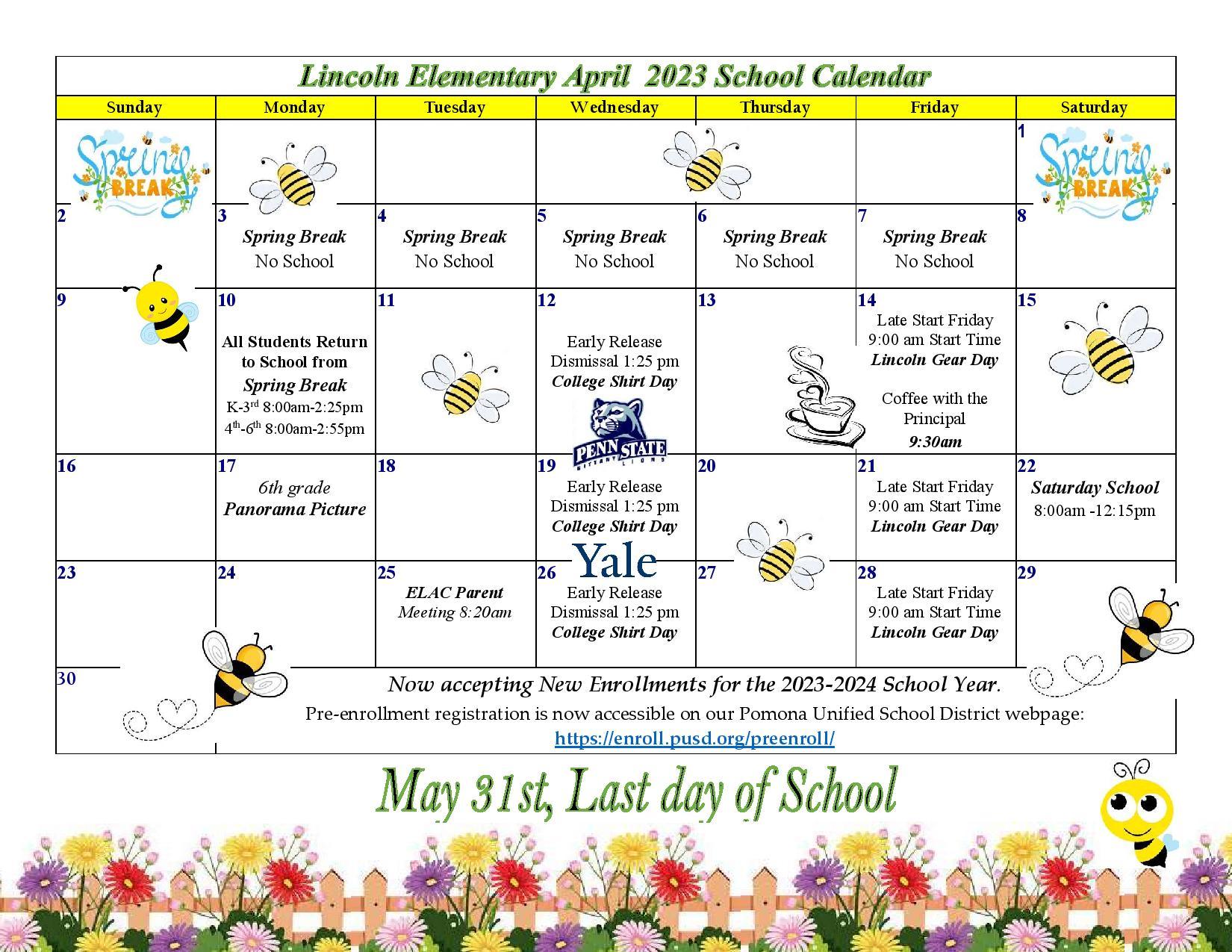 April Lincoln Elementary School Calendar 