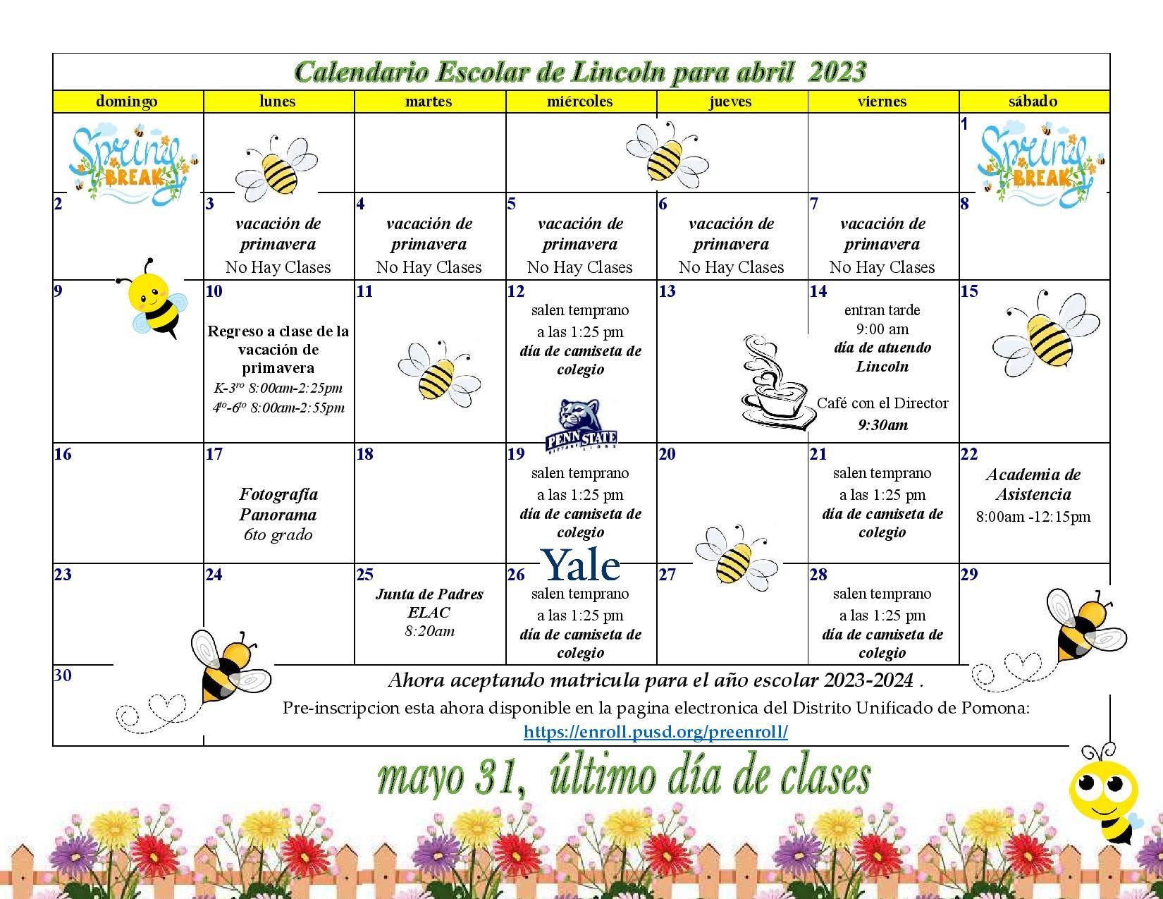 April Lincoln Elementary School Calendar Lincoln Elementary School