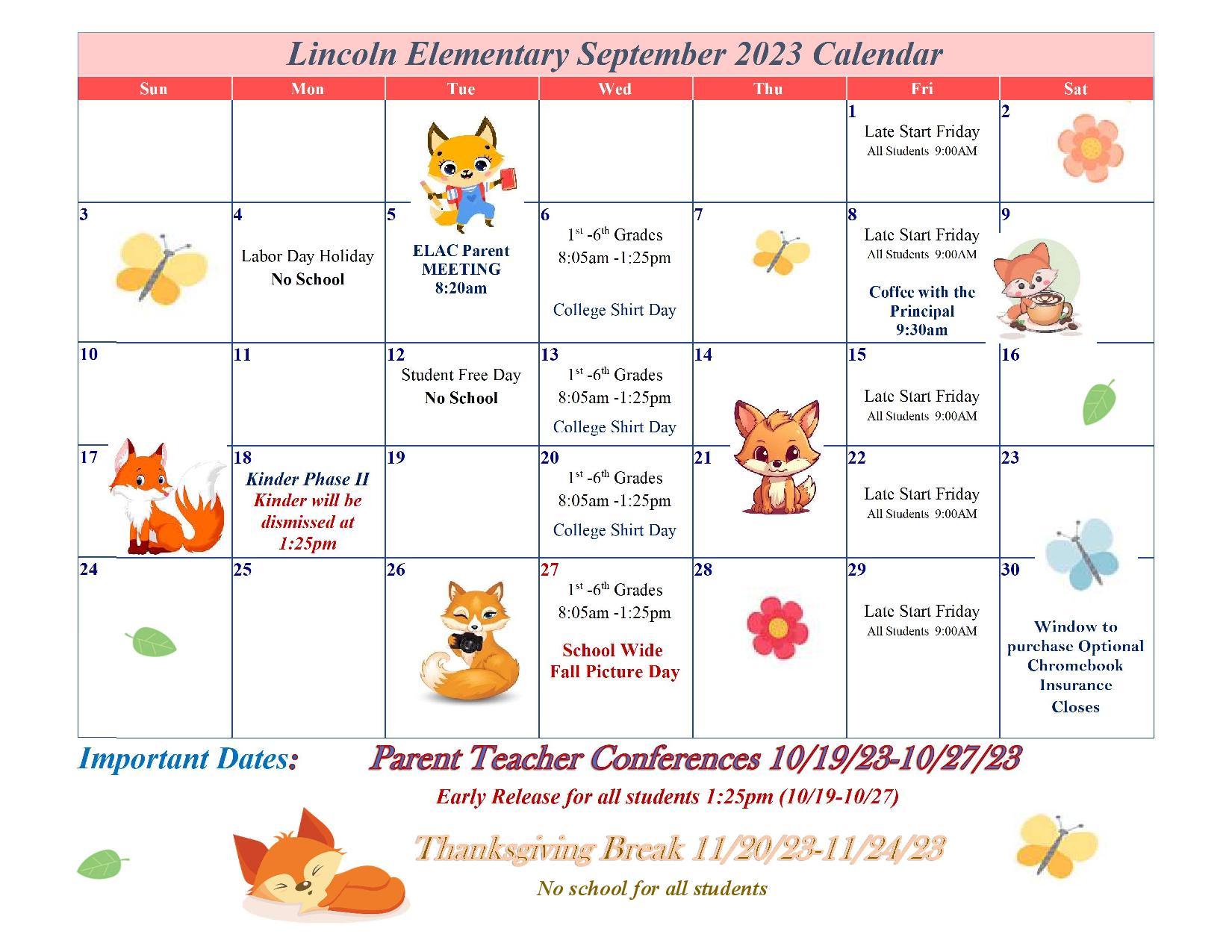 Lincoln Elementary September Calendar 