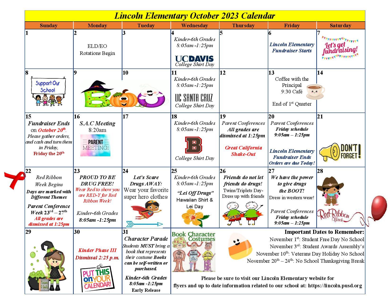 Lincoln Elementary October  Calendar 