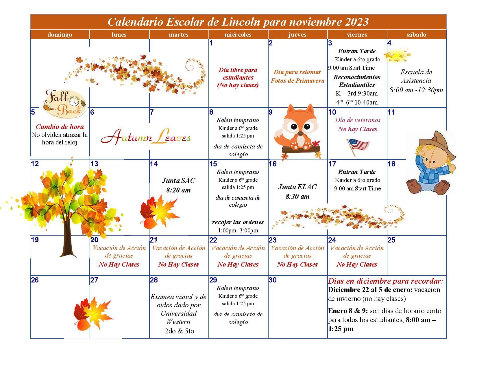 Lincoln Elementary November Calendar 