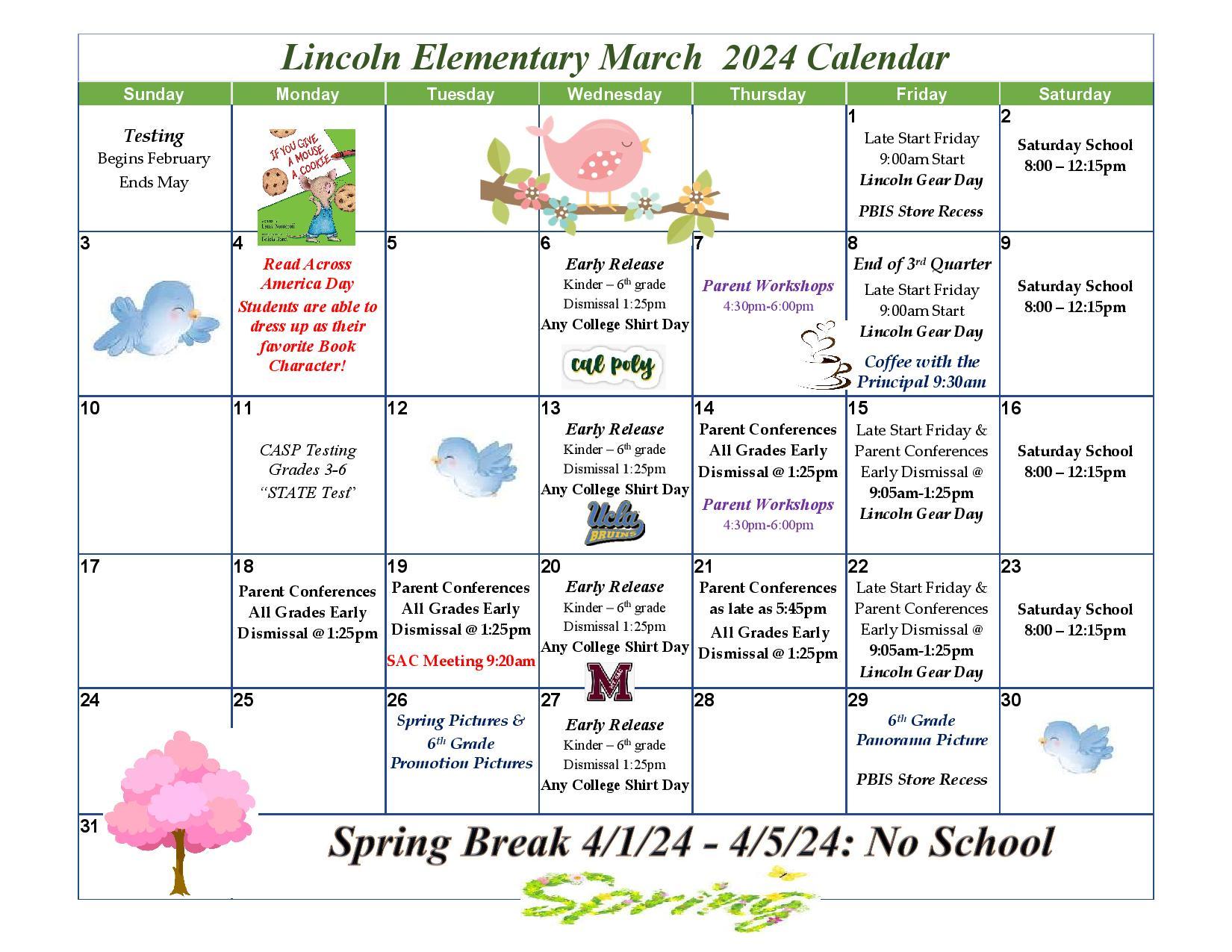 Lincoln Elementary March  2024 Calendar